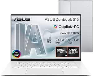 ASUS Zenbook S 16 para Creadores de Contenido y Oficina/Ryzen AI 9/Radeon Graphics/50 Tops NPU/16 3K OLED 120Hz/24GB RAM-512GB SSD/Incluye…