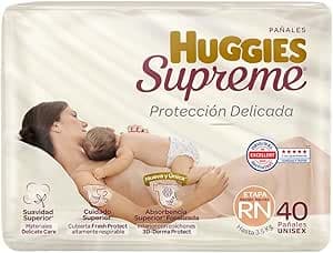 Pañal Huggies Supreme, unisex con 40 pzs, etapa Recién Nacido, para bebés de hasta 3.5 kg. Único clinica y dermatologicamente probado