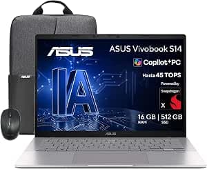 ASUS Vivobook S14, Copilot +PC/Snapdragon X1/45TOPS/16GB + 512GB SSD/Carga rapida USB-C/Teclado Retroiluminado en Español + Mochila y Mouse…